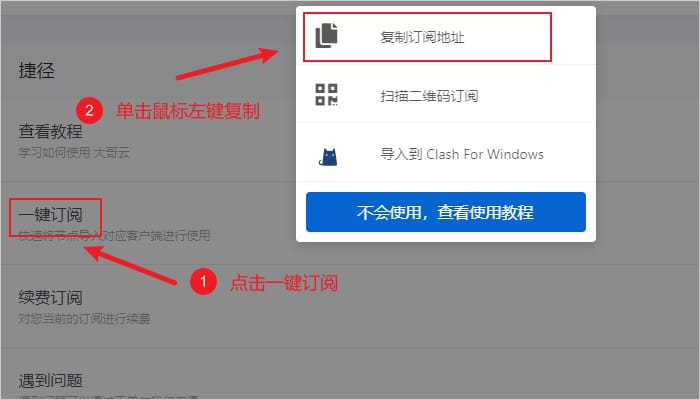 复制 Clash 节点订阅地址界面